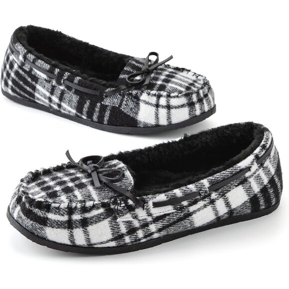 Women's Black White Faux Fur Warm Winter Cozy Rubber Sole Slippers Boot Shoes - Picture 1 of 6